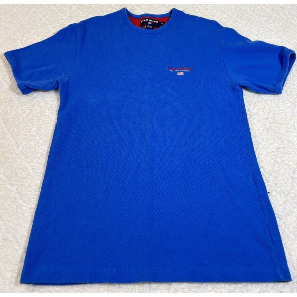 Vintage 90s Polo Sport Ralph Lauren Spell Out USA Flag Textured Knit Tee Size M